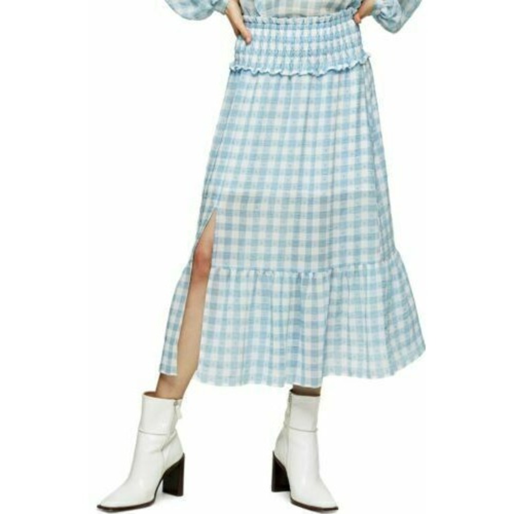 Topshop NEW Gingham Smocked Tiered Midi Skirt Size 12 Blue White Checked Women's